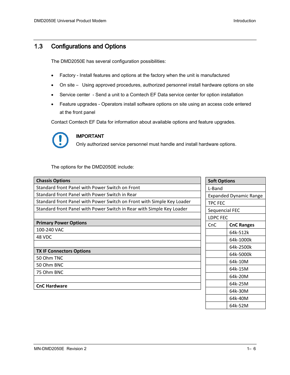 3 configurations and options | Comtech EF Data DMD-2050E User Manual | Page 36 / 342