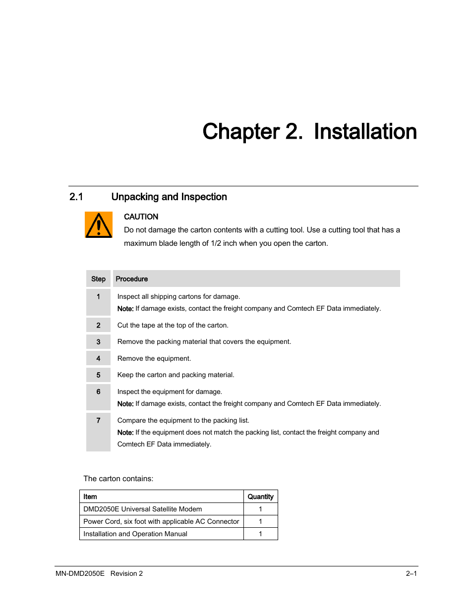 2 installation, 1 unpacking and inspection, Chapter 2. installation | Comtech EF Data DMD-2050E User Manual | Page 37 / 342