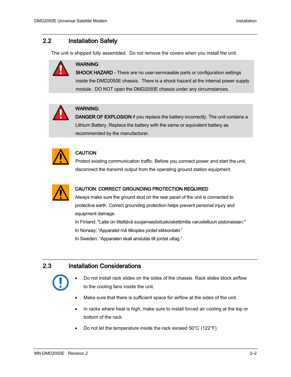 2 installation safety, 3 installation considerations | Comtech EF Data DMD-2050E User Manual | Page 38 / 342