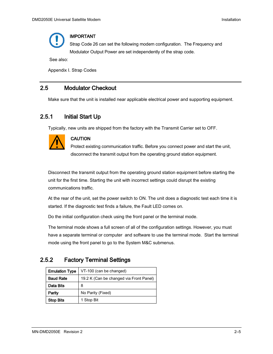 5 modulator checkout, 1 initial start up, 2 factory terminal settings | Comtech EF Data DMD-2050E User Manual | Page 41 / 342