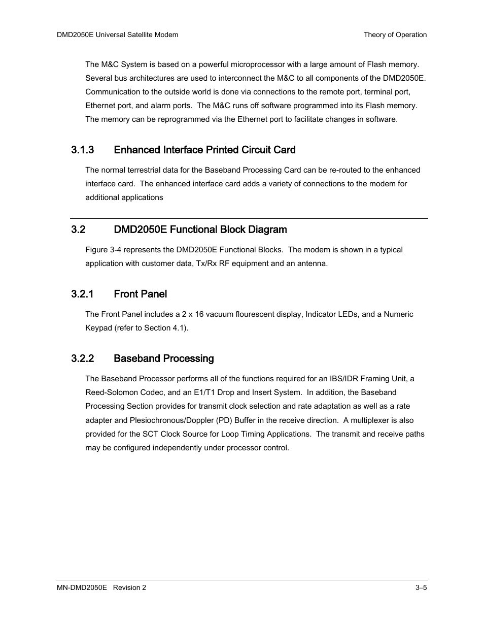 3 enhanced interface printed circuit card, 2 dmd2050e functional block diagram, 1 front panel | 2 baseband processing | Comtech EF Data DMD-2050E User Manual | Page 47 / 342