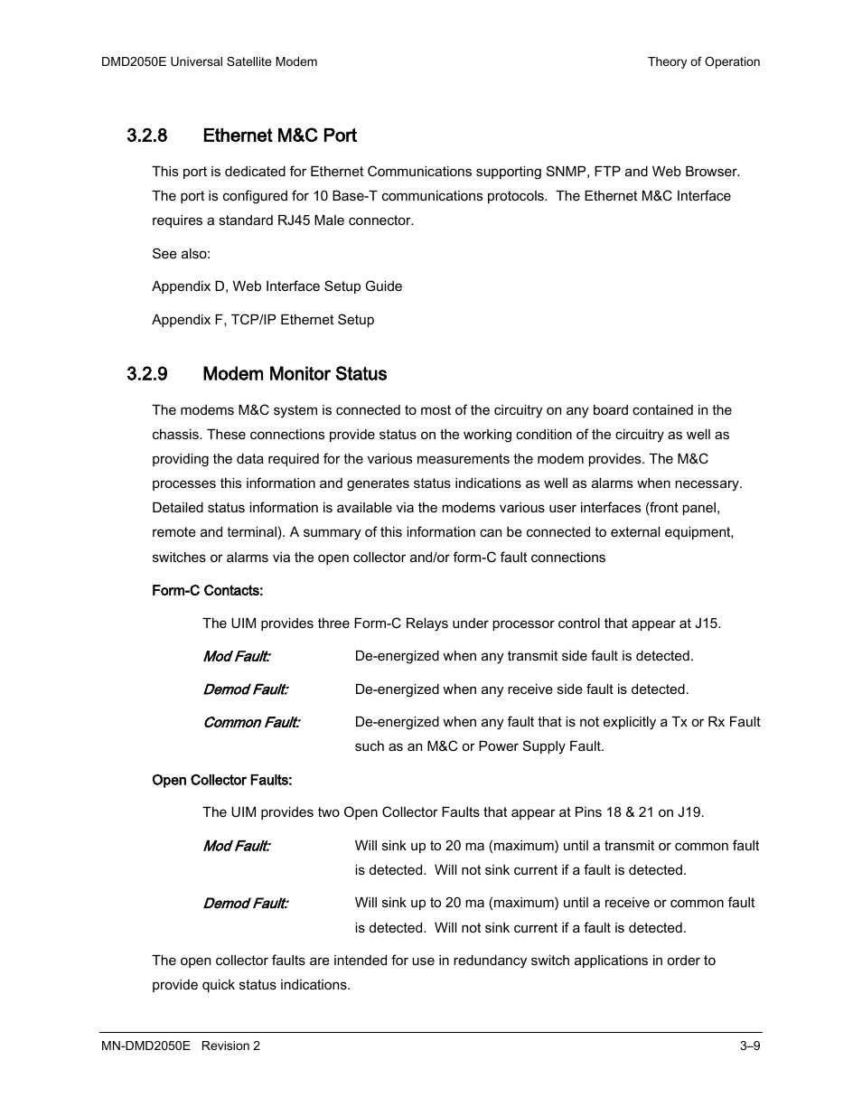 8 ethernet m&c port, 9 modem monitor status | Comtech EF Data DMD-2050E User Manual | Page 51 / 342