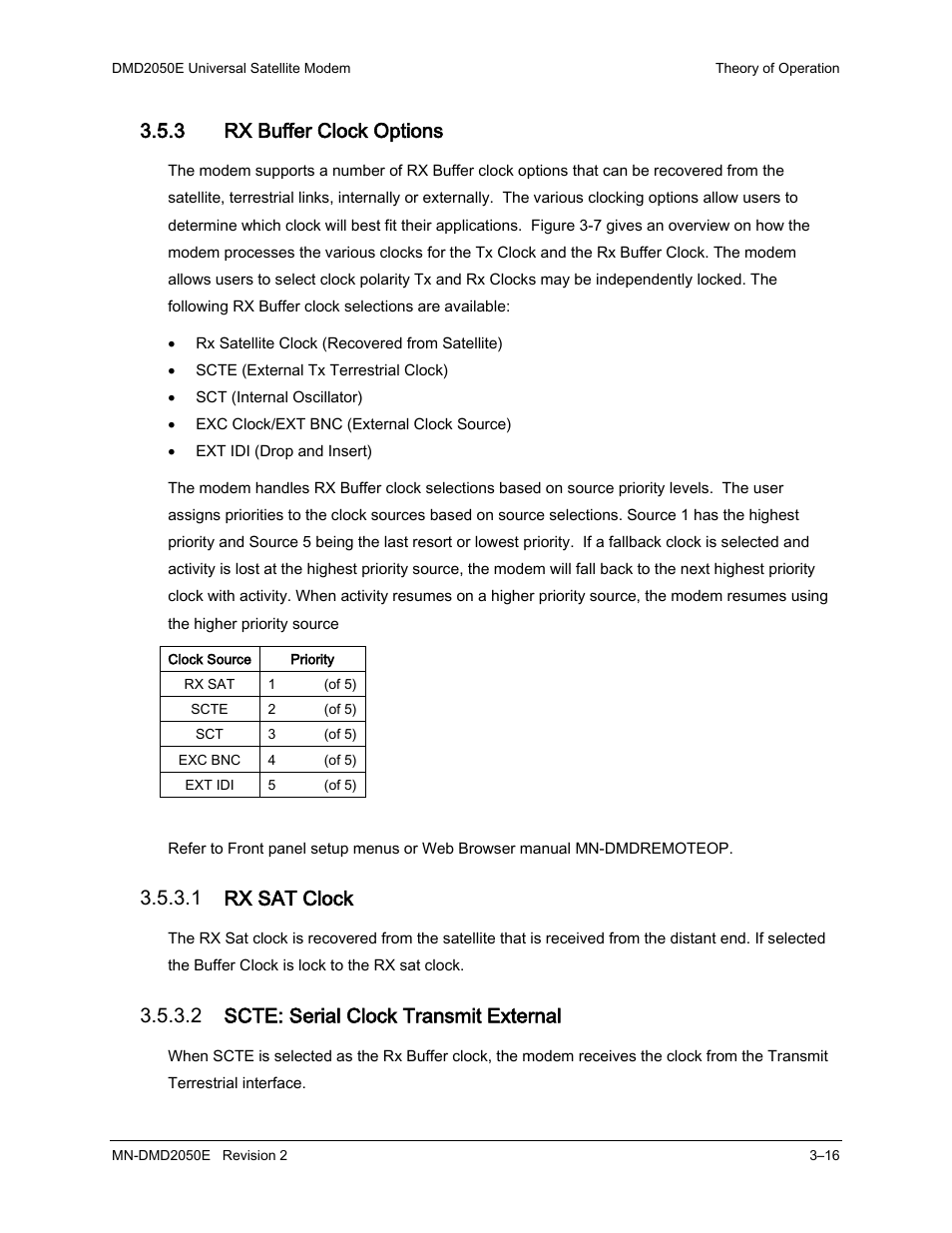 3 rx buffer clock options, 1 rx sat clock, 2 scte: serial clock transmit external | Comtech EF Data DMD-2050E User Manual | Page 58 / 342