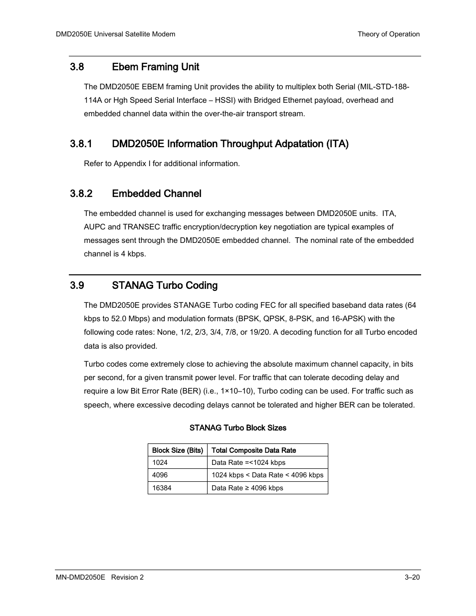 8 ebem framing unit, 1 dmd2050e information throughput adpatation (ita), 2 embedded channel | 9 stanag turbo coding | Comtech EF Data DMD-2050E User Manual | Page 62 / 342