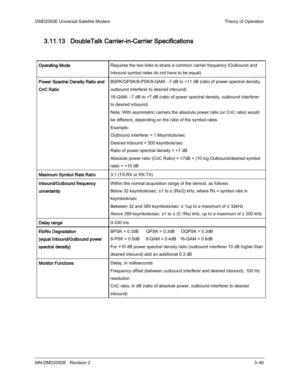 13 doubletalk carrier-in-carrier specifications | Comtech EF Data DMD-2050E User Manual | Page 90 / 342