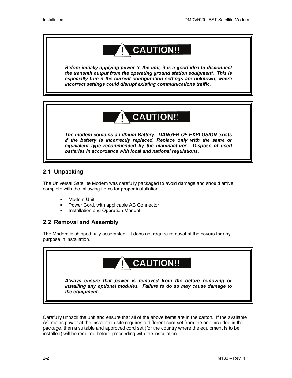 1 unpacking, 2 removal and assembly | Comtech EF Data DMDVR20 LBST Rev 1.1 User Manual | Page 17 / 117