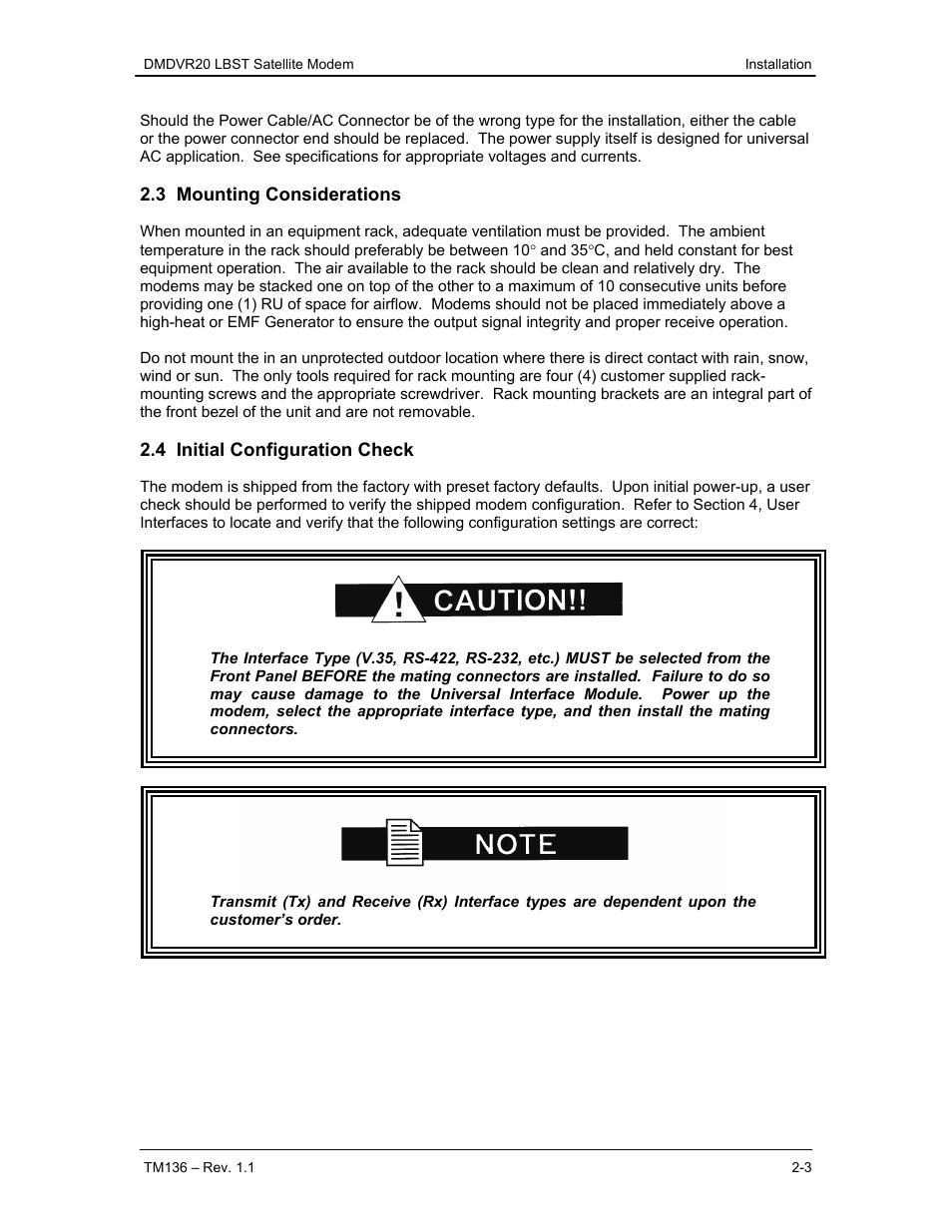 3 mounting considerations, 4 initial configuration check | Comtech EF Data DMDVR20 LBST Rev 1.1 User Manual | Page 18 / 117