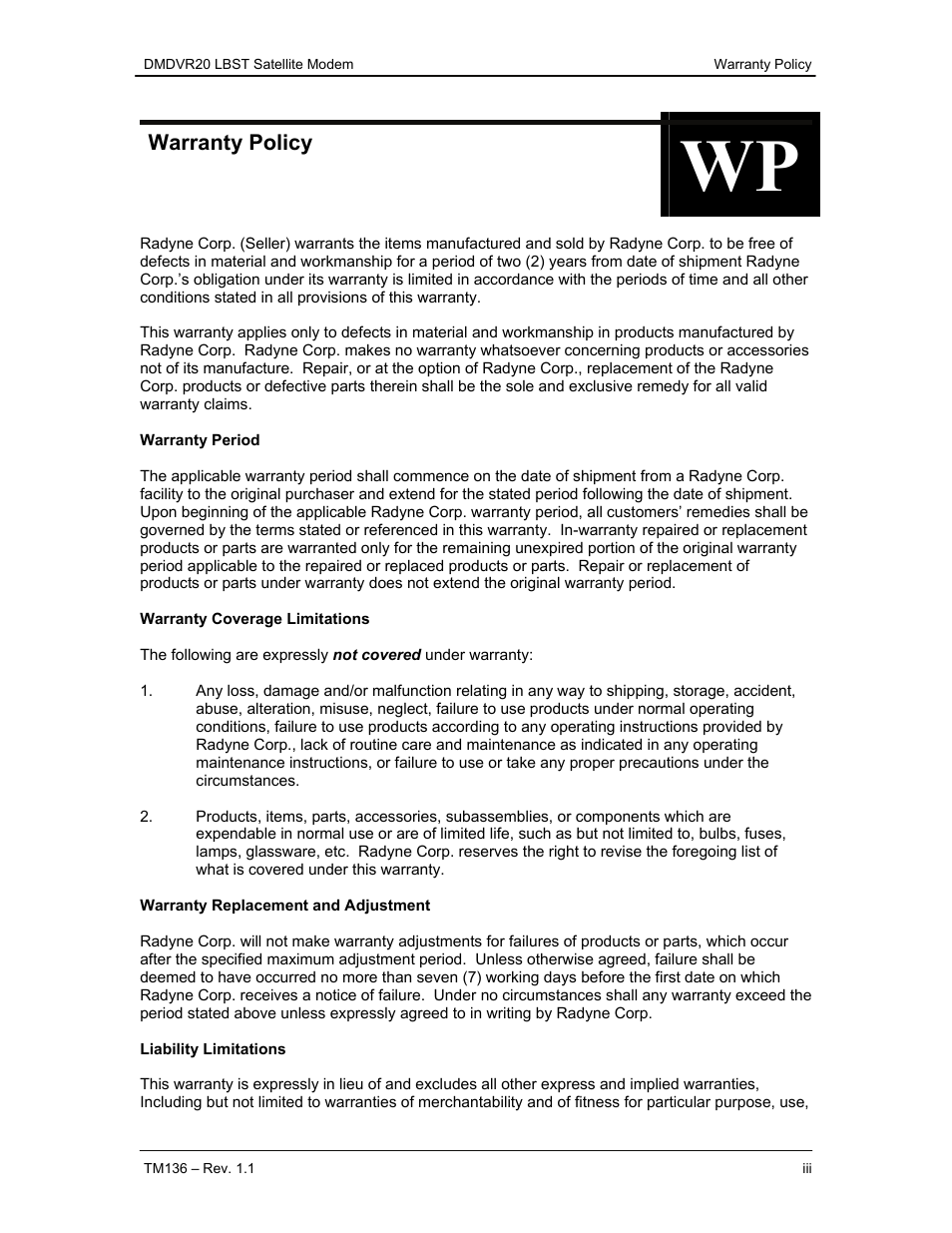 Warranty policy | Comtech EF Data DMDVR20 LBST Rev 1.1 User Manual | Page 2 / 117