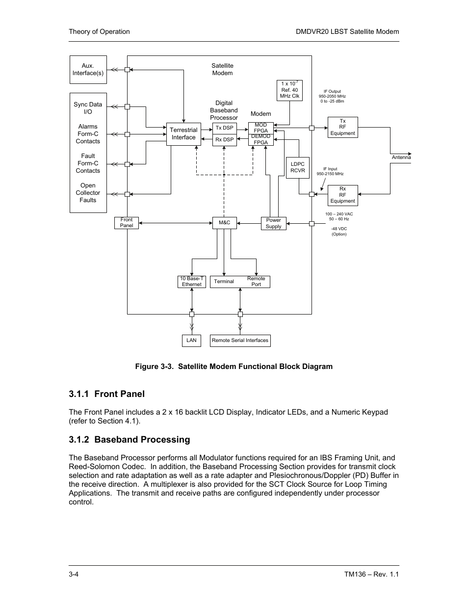 1 front panel, 2 baseband processing | Comtech EF Data DMDVR20 LBST Rev 1.1 User Manual | Page 25 / 117