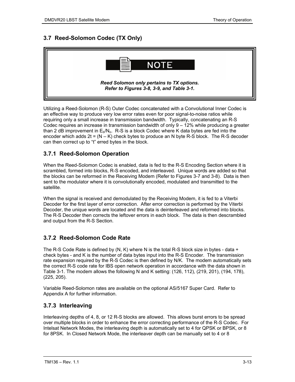 7 reed-solomon codec (tx only), 1 reed-solomon operation, 2 reed-solomon code rate | 3 interleaving | Comtech EF Data DMDVR20 LBST Rev 1.1 User Manual | Page 34 / 117