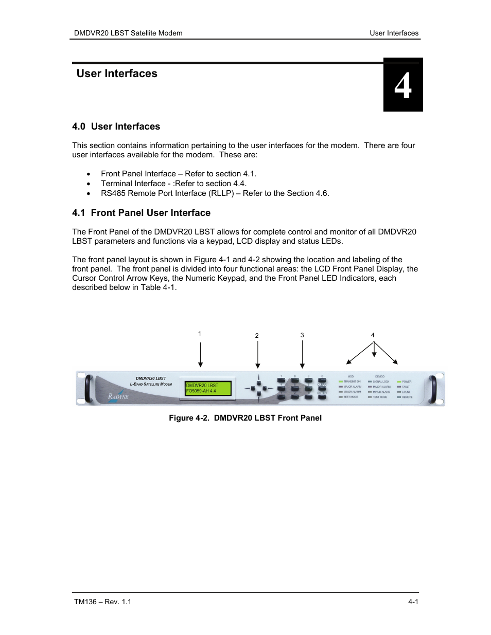 User interfaces, 0 user interfaces, 1 front panel user interface | Comtech EF Data DMDVR20 LBST Rev 1.1 User Manual | Page 38 / 117