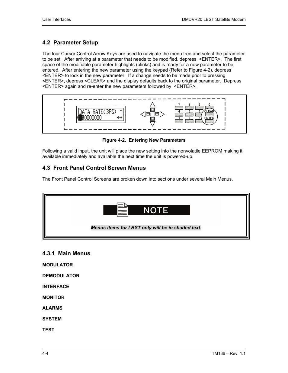 2 parameter setup, 3 front panel control screen menus, 1 main menus | Comtech EF Data DMDVR20 LBST Rev 1.1 User Manual | Page 41 / 117