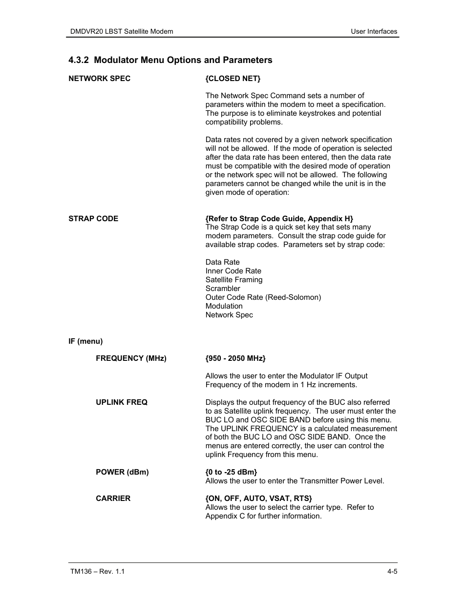 2 modulator menu options and parameters | Comtech EF Data DMDVR20 LBST Rev 1.1 User Manual | Page 42 / 117