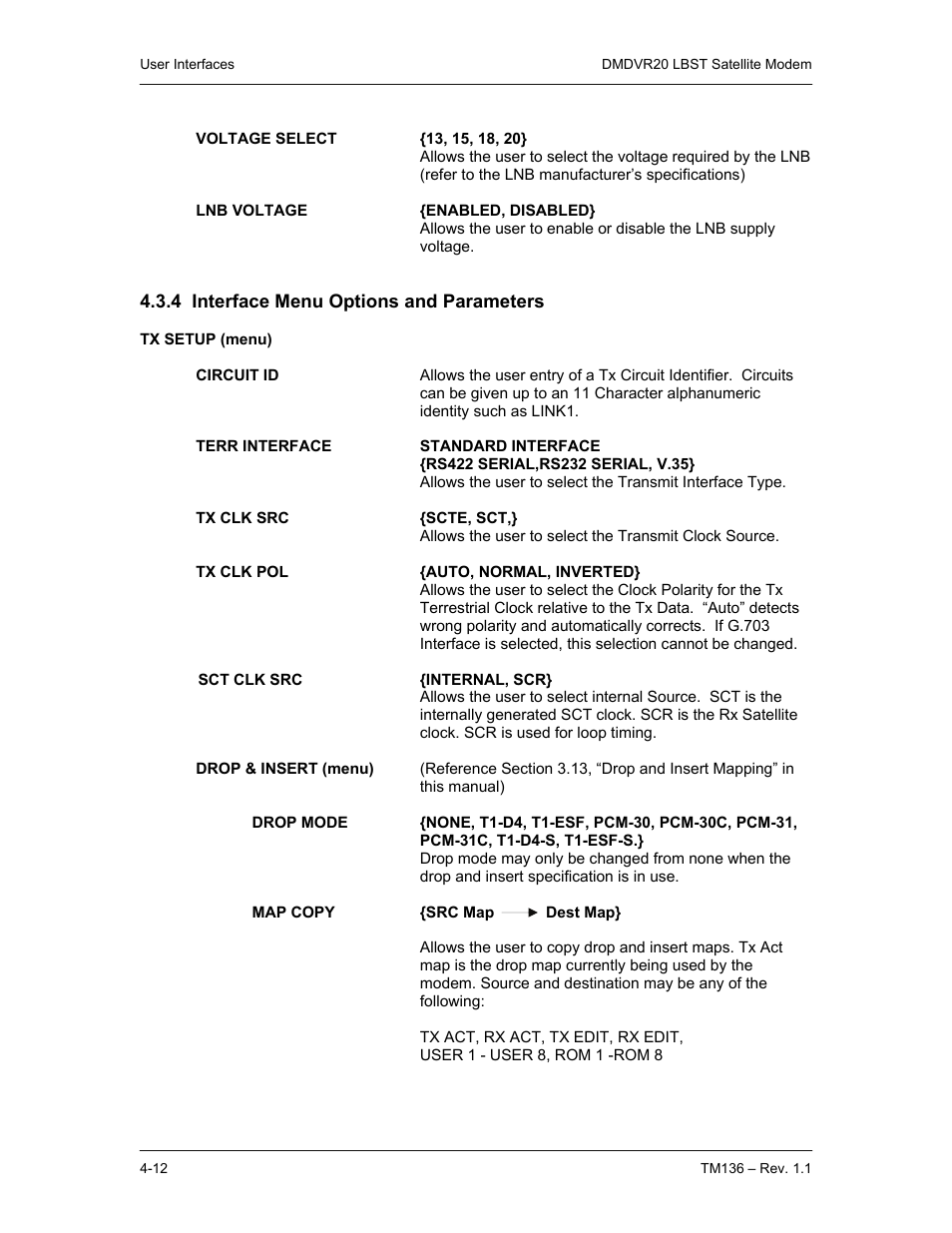 4 interface menu options and parameters | Comtech EF Data DMDVR20 LBST Rev 1.1 User Manual | Page 49 / 117