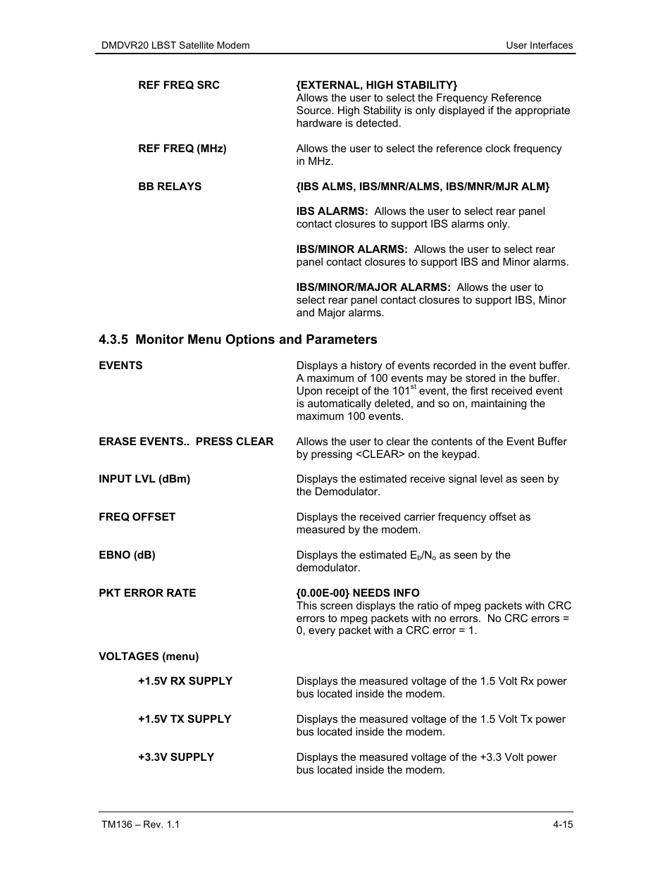 5 monitor menu options and parameters | Comtech EF Data DMDVR20 LBST Rev 1.1 User Manual | Page 52 / 117