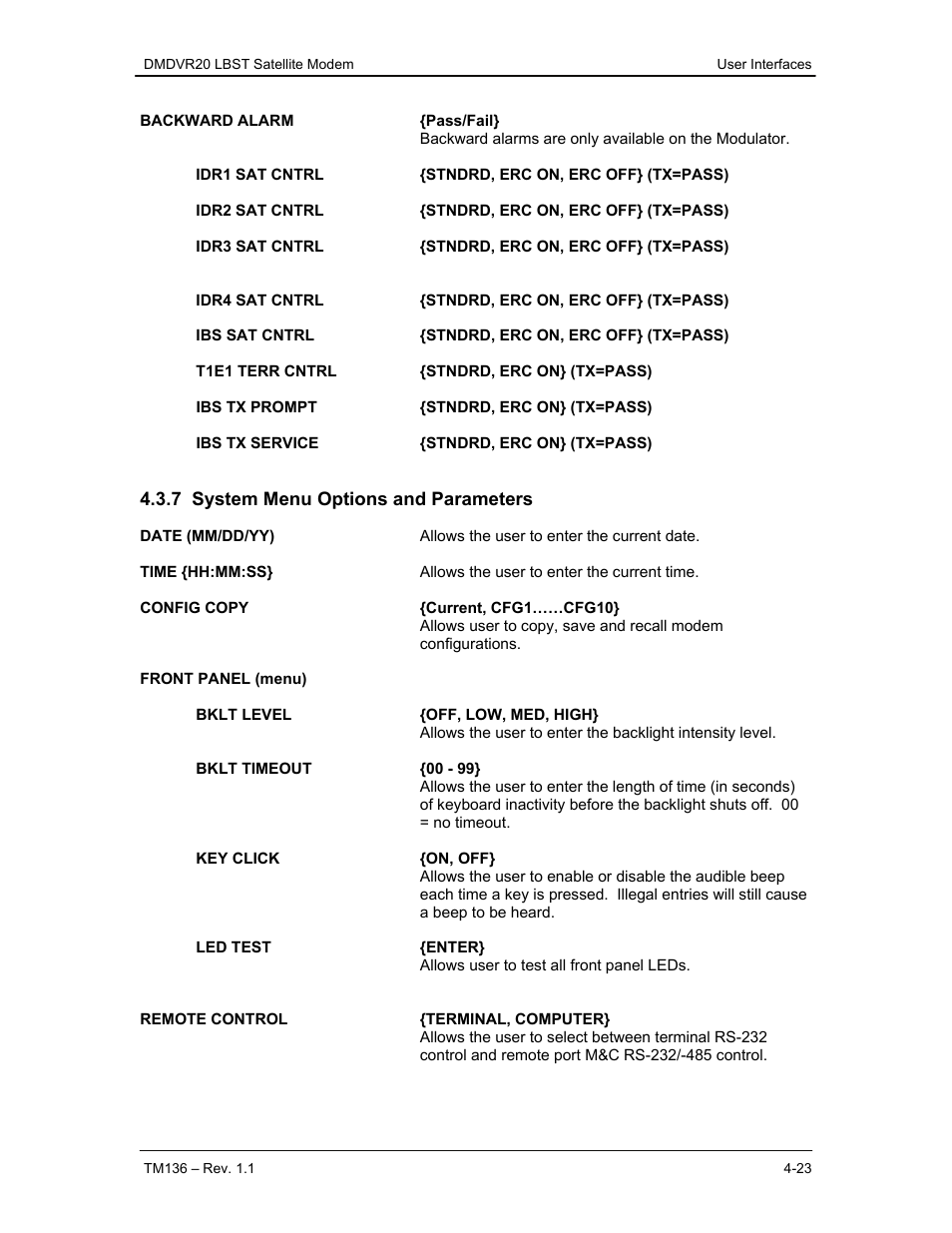 7 system menu options and parameters | Comtech EF Data DMDVR20 LBST Rev 1.1 User Manual | Page 60 / 117