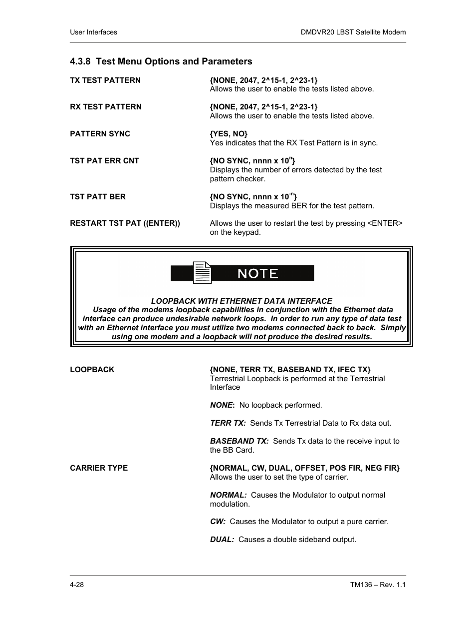 8 test menu options and parameters | Comtech EF Data DMDVR20 LBST Rev 1.1 User Manual | Page 65 / 117