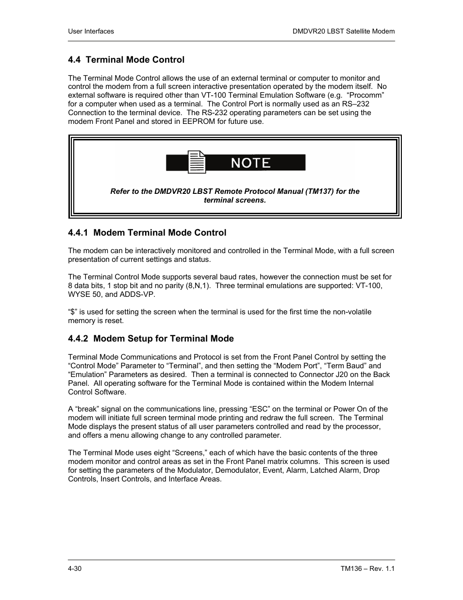 4 terminal mode control, 1 modem terminal mode control, 2 modem setup for terminal mode | Comtech EF Data DMDVR20 LBST Rev 1.1 User Manual | Page 67 / 117