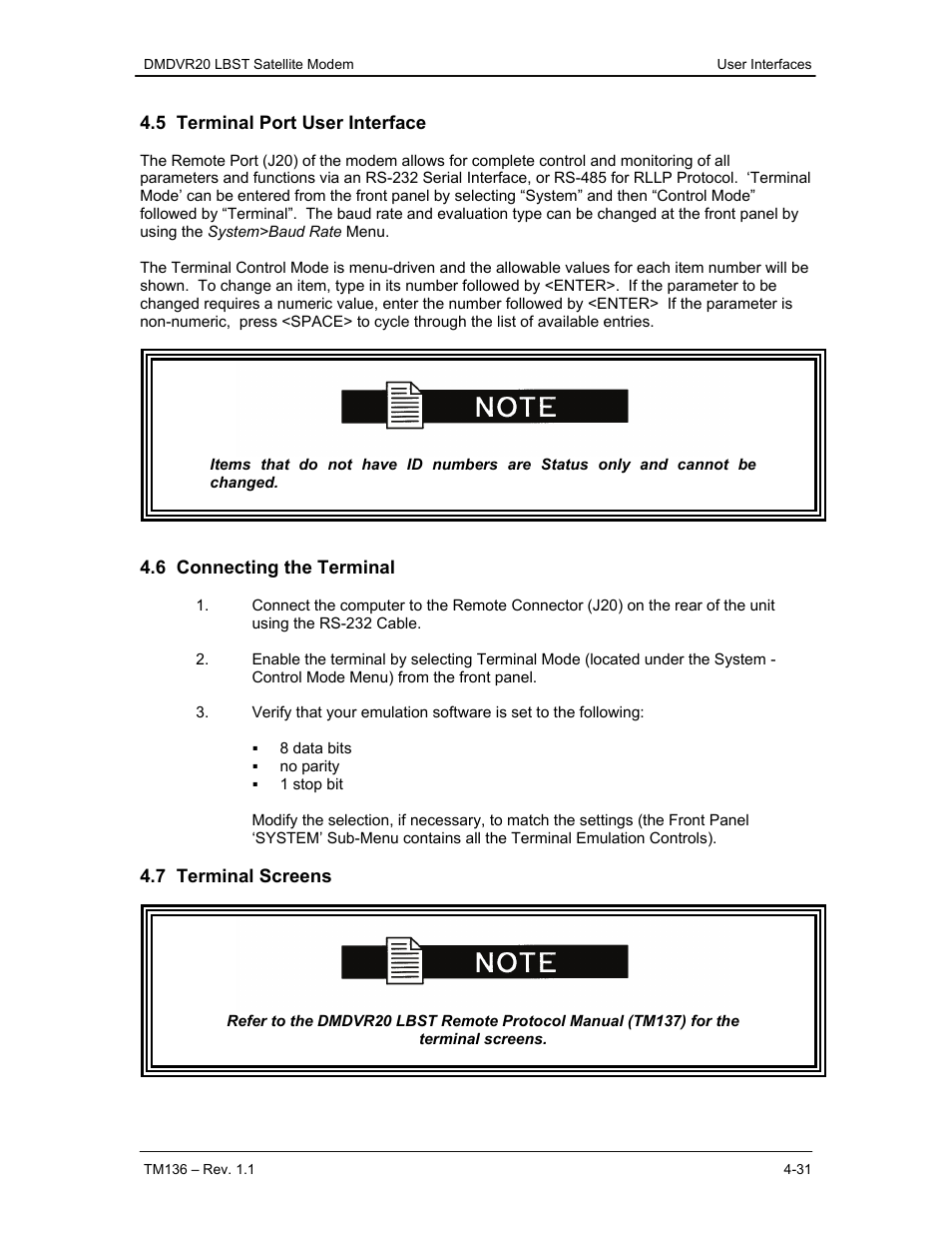 5 terminal port user interface, 6 connecting the terminal, 7 terminal screens | Comtech EF Data DMDVR20 LBST Rev 1.1 User Manual | Page 68 / 117