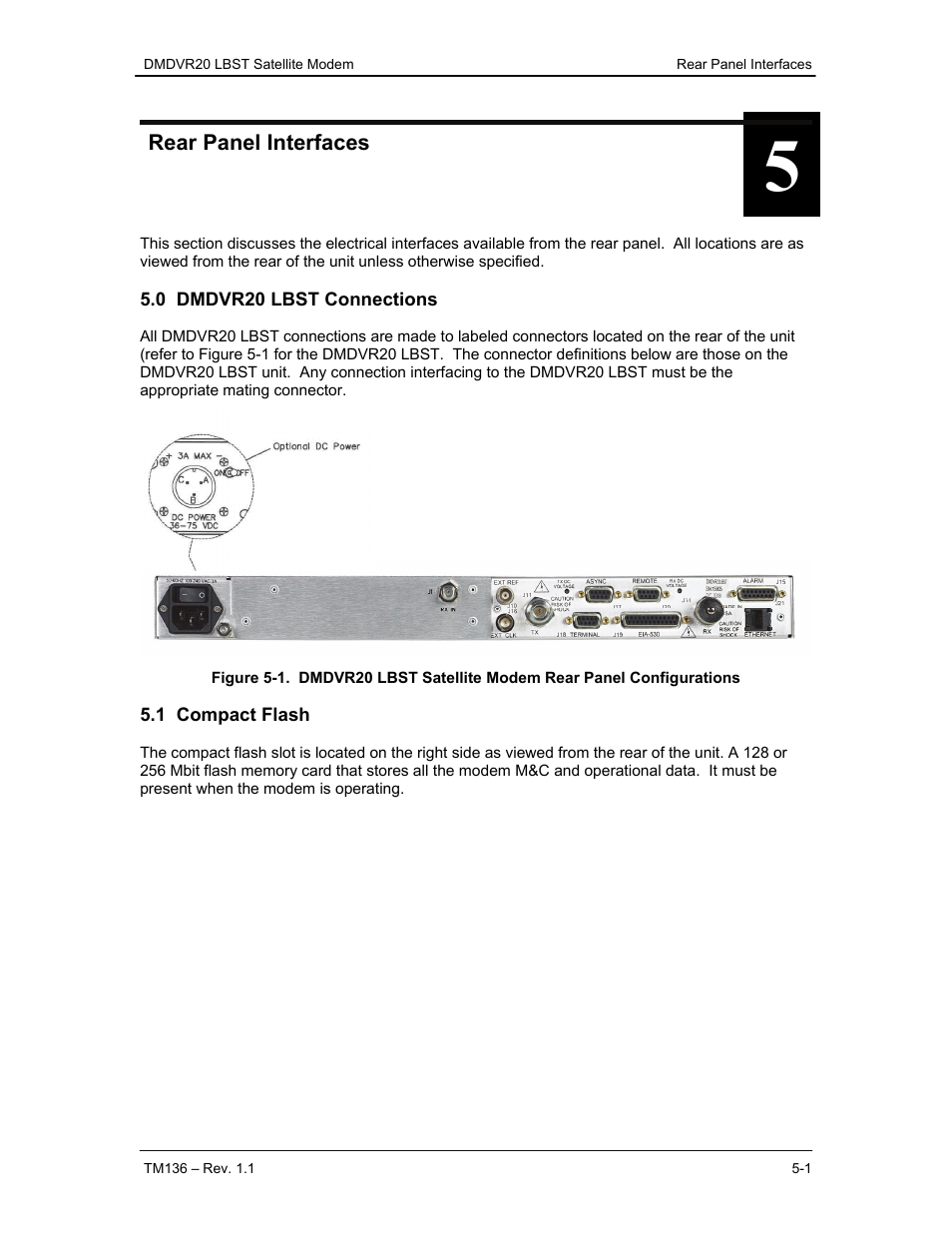 Rear panel interfaces, 0 dmdvr20 lbst connections, 1 compact flash | Comtech EF Data DMDVR20 LBST Rev 1.1 User Manual | Page 70 / 117