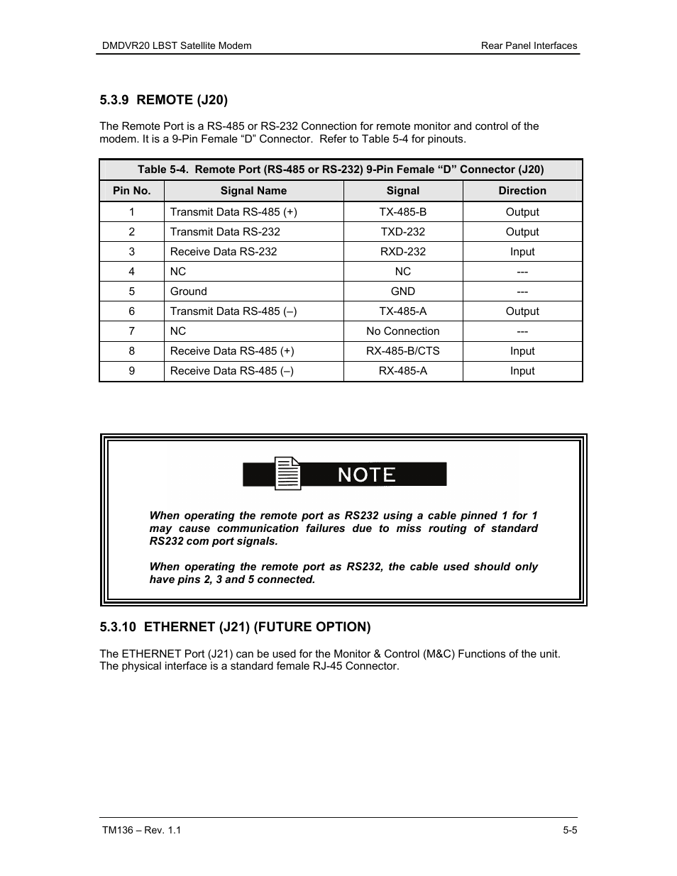 9 remote (j20), 10 ethernet (j21) (future option) | Comtech EF Data DMDVR20 LBST Rev 1.1 User Manual | Page 74 / 117