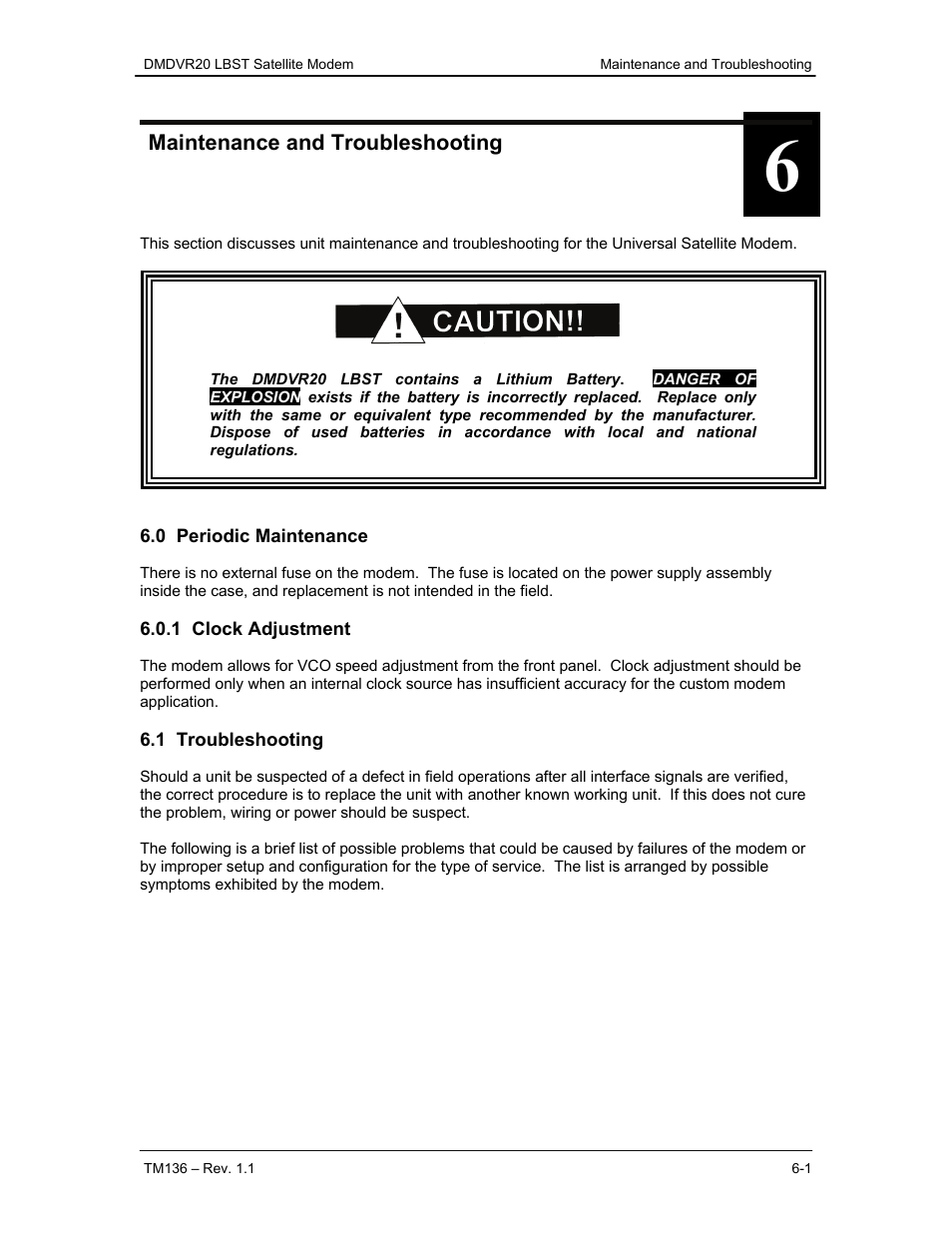 Maintenance and troubleshooting, 0 periodic maintenance, 1 clock adjustment | 1 troubleshooting | Comtech EF Data DMDVR20 LBST Rev 1.1 User Manual | Page 76 / 117