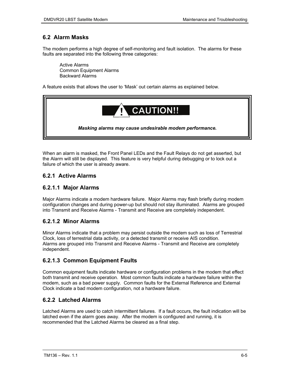 2 alarm masks, 1 active alarms, 1 major alarms | 2 minor alarms, 3 common equipment faults, 2 latched alarms | Comtech EF Data DMDVR20 LBST Rev 1.1 User Manual | Page 80 / 117