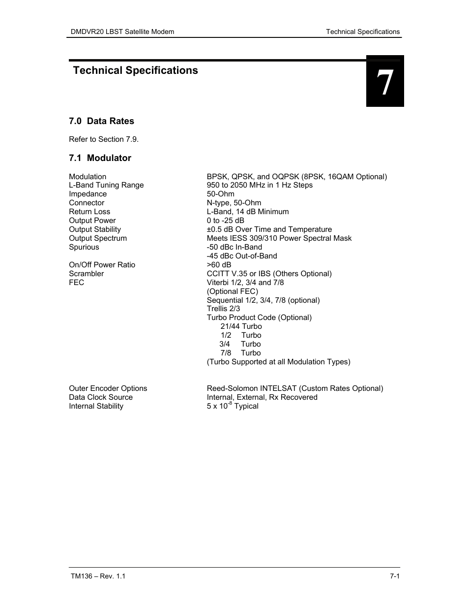 Technical specifications, 0 data rates, 1 modulator | Comtech EF Data DMDVR20 LBST Rev 1.1 User Manual | Page 82 / 117