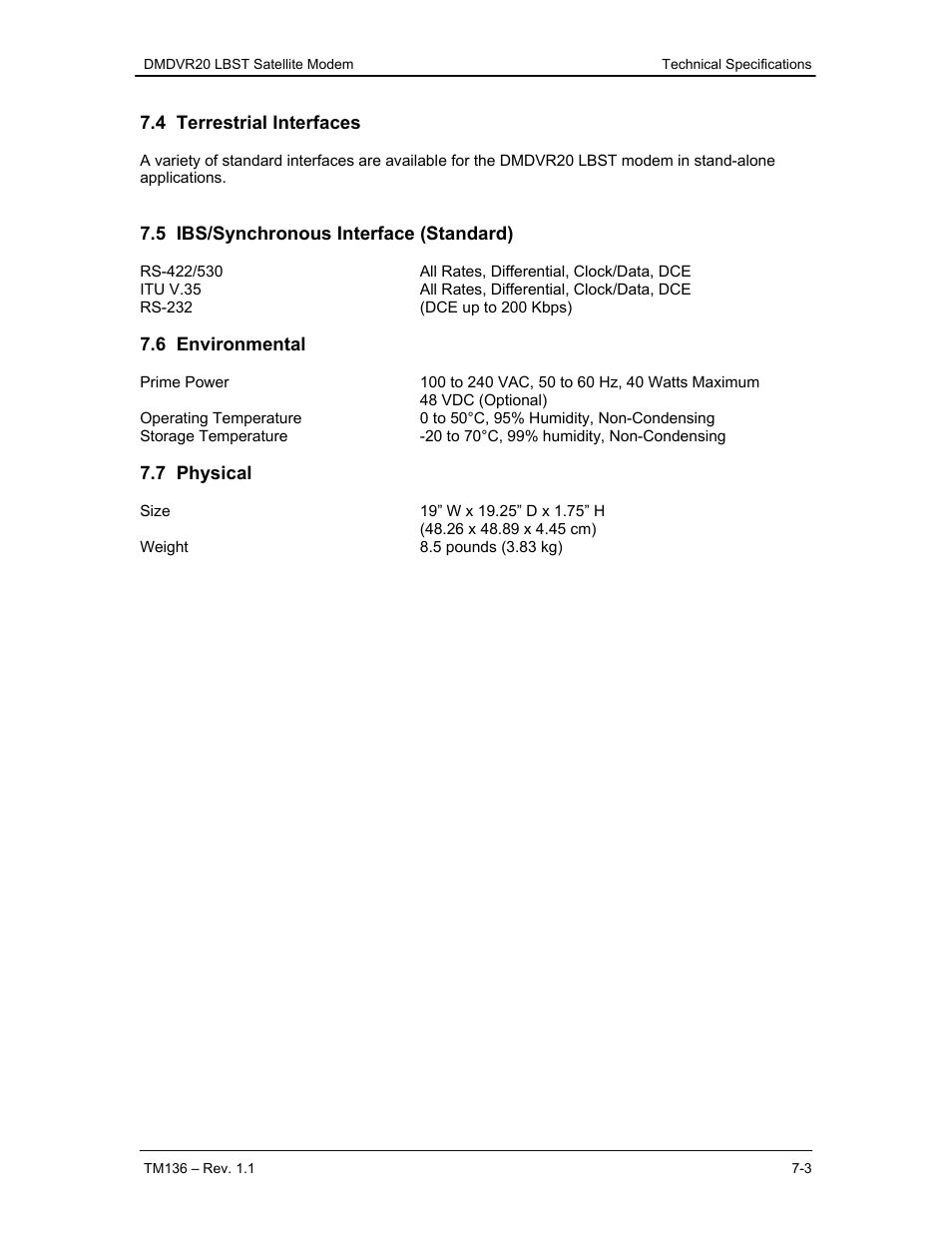 4 terrestrial interfaces, 5 ibs/synchronous interface (standard), 6 environmental | 7 physical | Comtech EF Data DMDVR20 LBST Rev 1.1 User Manual | Page 84 / 117