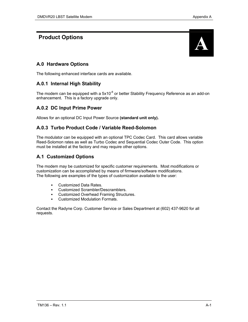 Product options, A.0 hardware options, A.0.1 internal high stability | A.0.2 dc input prime power, A.0.3 turbo product code / variable reed-solomon, A.1 customized options | Comtech EF Data DMDVR20 LBST Rev 1.1 User Manual | Page 90 / 117