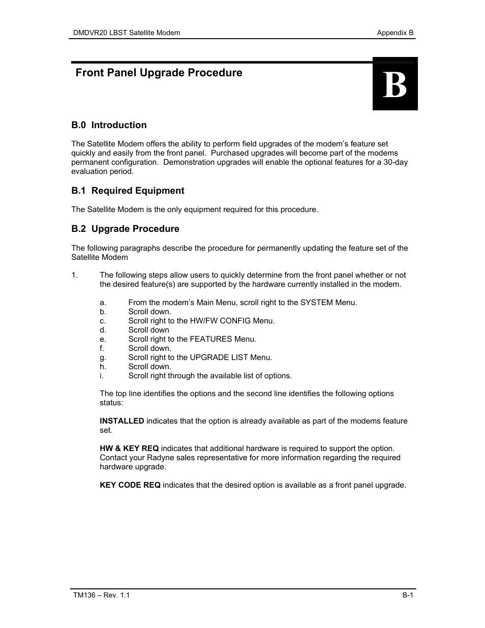 Front panel upgrade procedure, B.0 introduction, B.1 required equipment | B.2 upgrade procedure | Comtech EF Data DMDVR20 LBST Rev 1.1 User Manual | Page 92 / 117