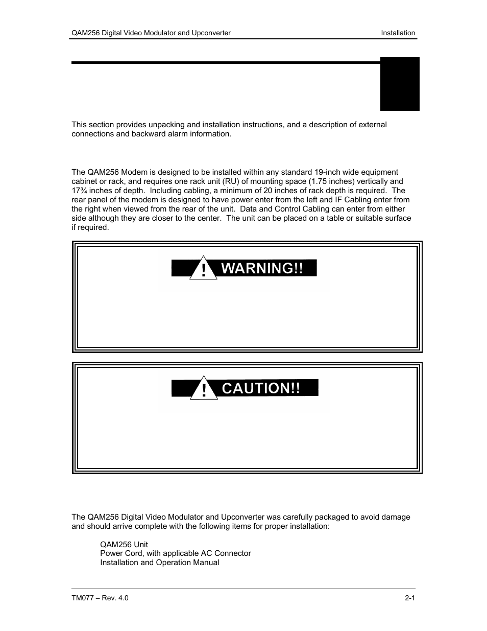 Installation, 0 installation requirements, 1 unpacking | Comtech EF Data QAM256 User Manual | Page 12 / 87