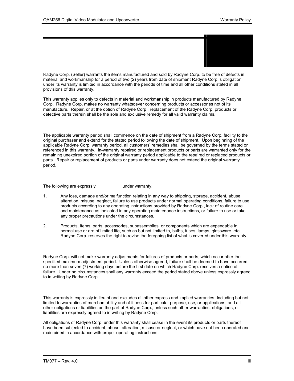 Warranty policy | Comtech EF Data QAM256 User Manual | Page 2 / 87