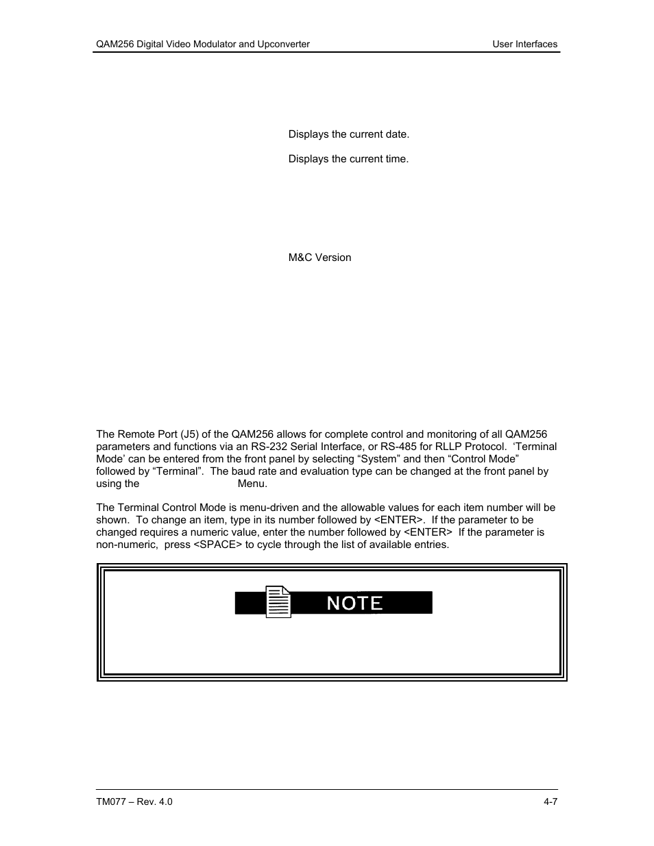 6 system menu options and parameters, 7 test menu options and parameters, 4 terminal port user interface | Comtech EF Data QAM256 User Manual | Page 23 / 87