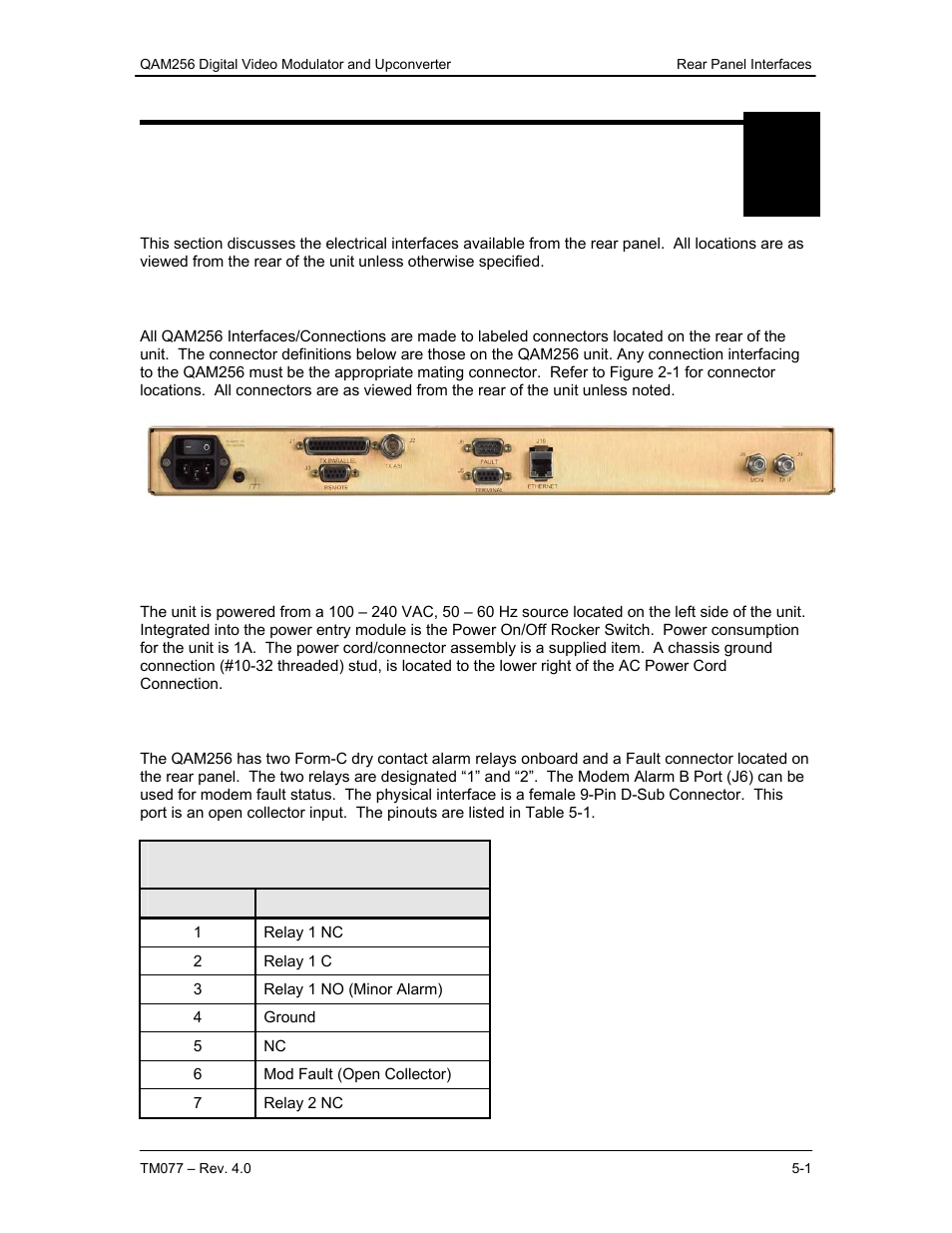 Rear panel interfaces, 0 qam256 rear panel interfaces/connections, 1 ac power | 2 fault connection | Comtech EF Data QAM256 User Manual | Page 33 / 87