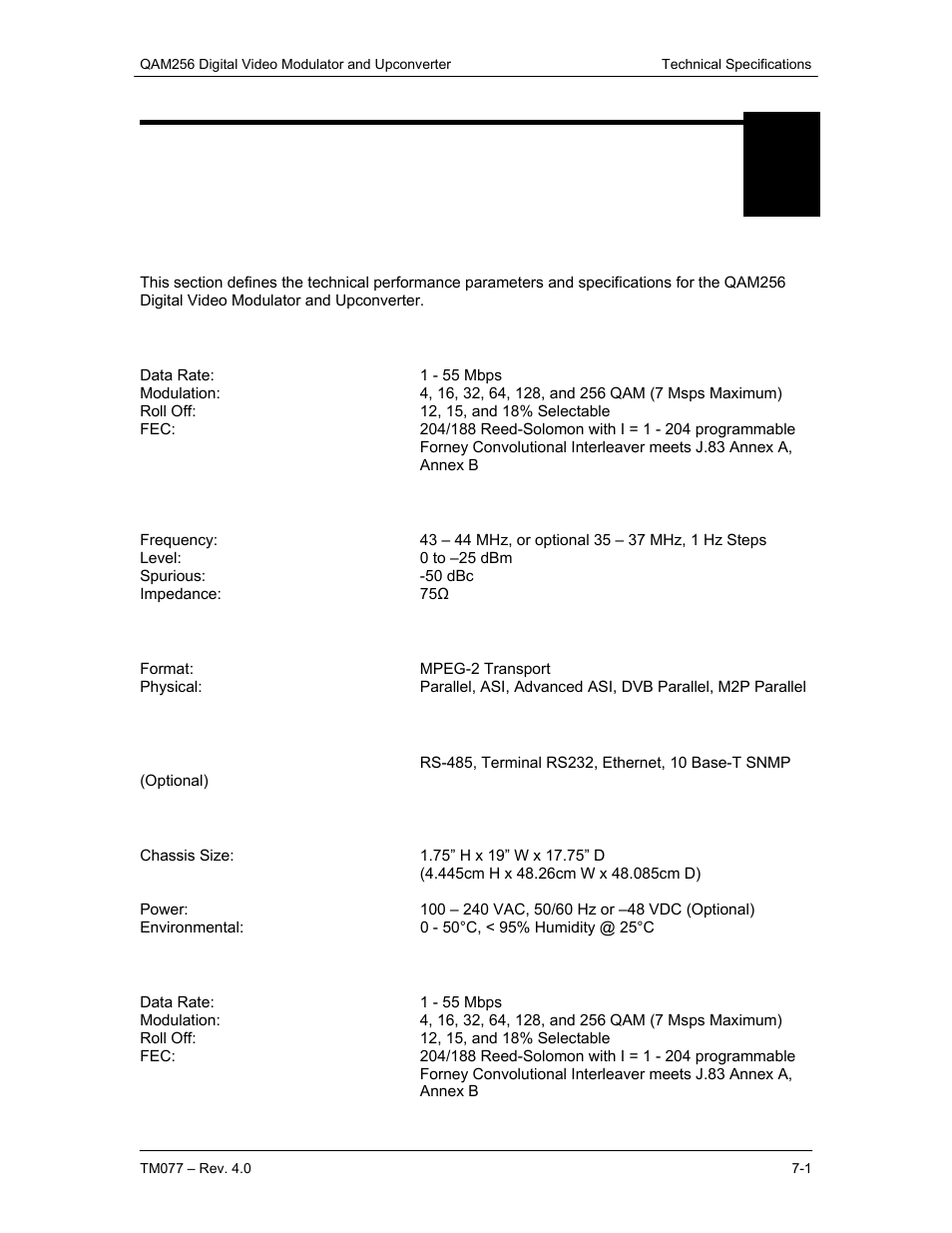 Technical specifications, 0 introduction, 1 specifications without cable upconverter | 1 if interface, 2 baseband interface, 3 remote interface, 4 physical, 2 specifications with cable upconverter | Comtech EF Data QAM256 User Manual | Page 42 / 87