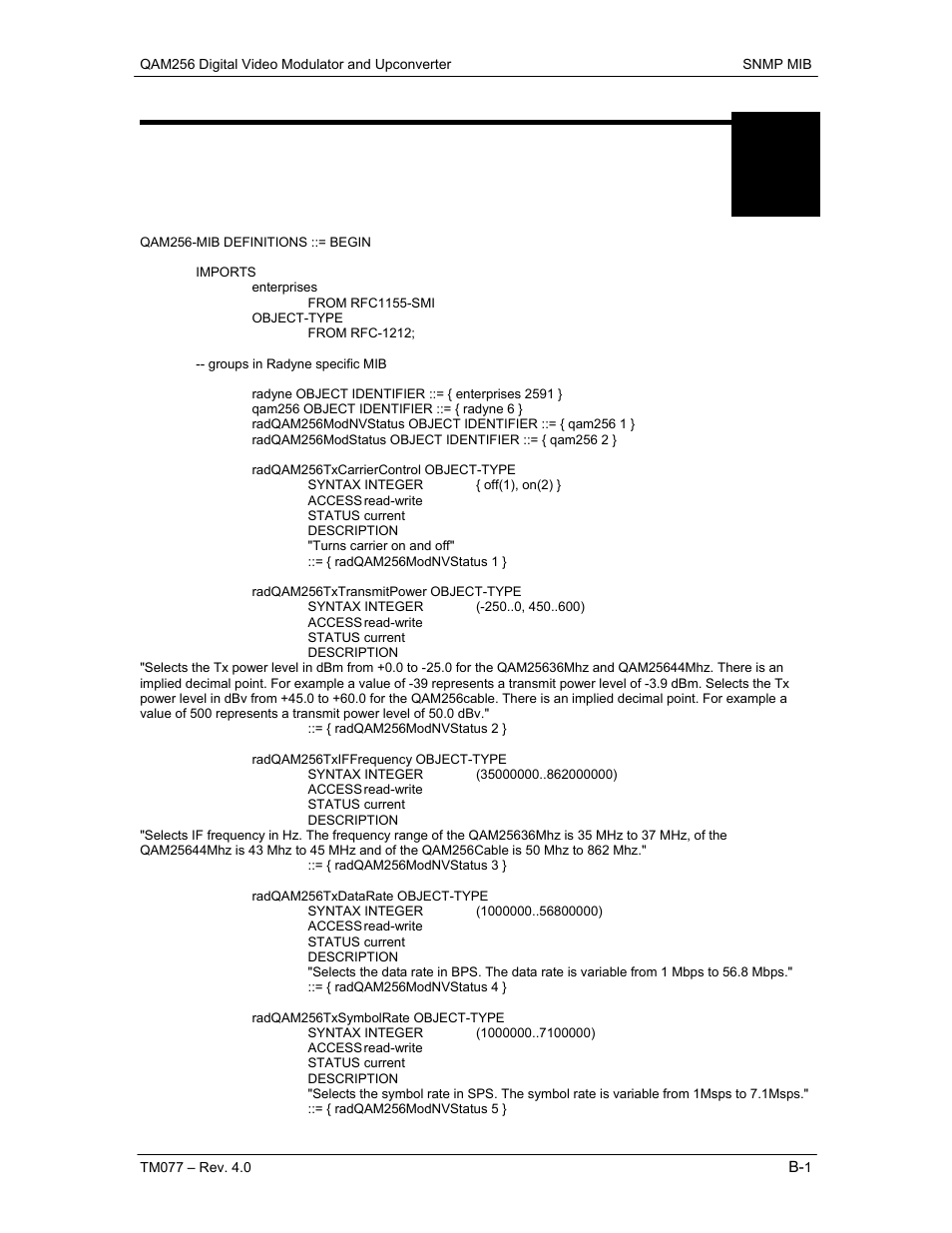 Snmp mib | Comtech EF Data QAM256 User Manual | Page 47 / 87