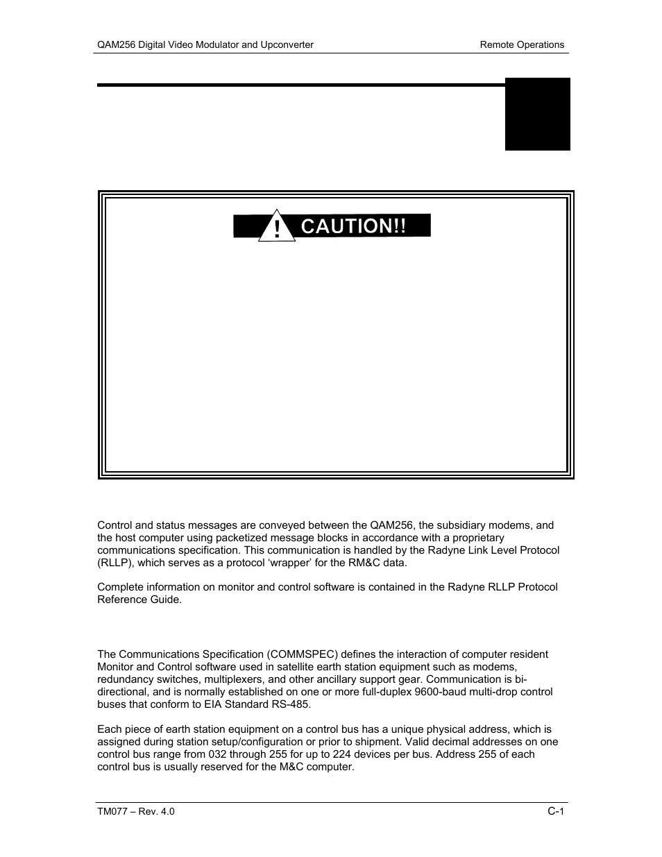 Remote operations, C.0 remote operations, C.1 host computer remote communications | C.1.1 protocol structure | Comtech EF Data QAM256 User Manual | Page 56 / 87