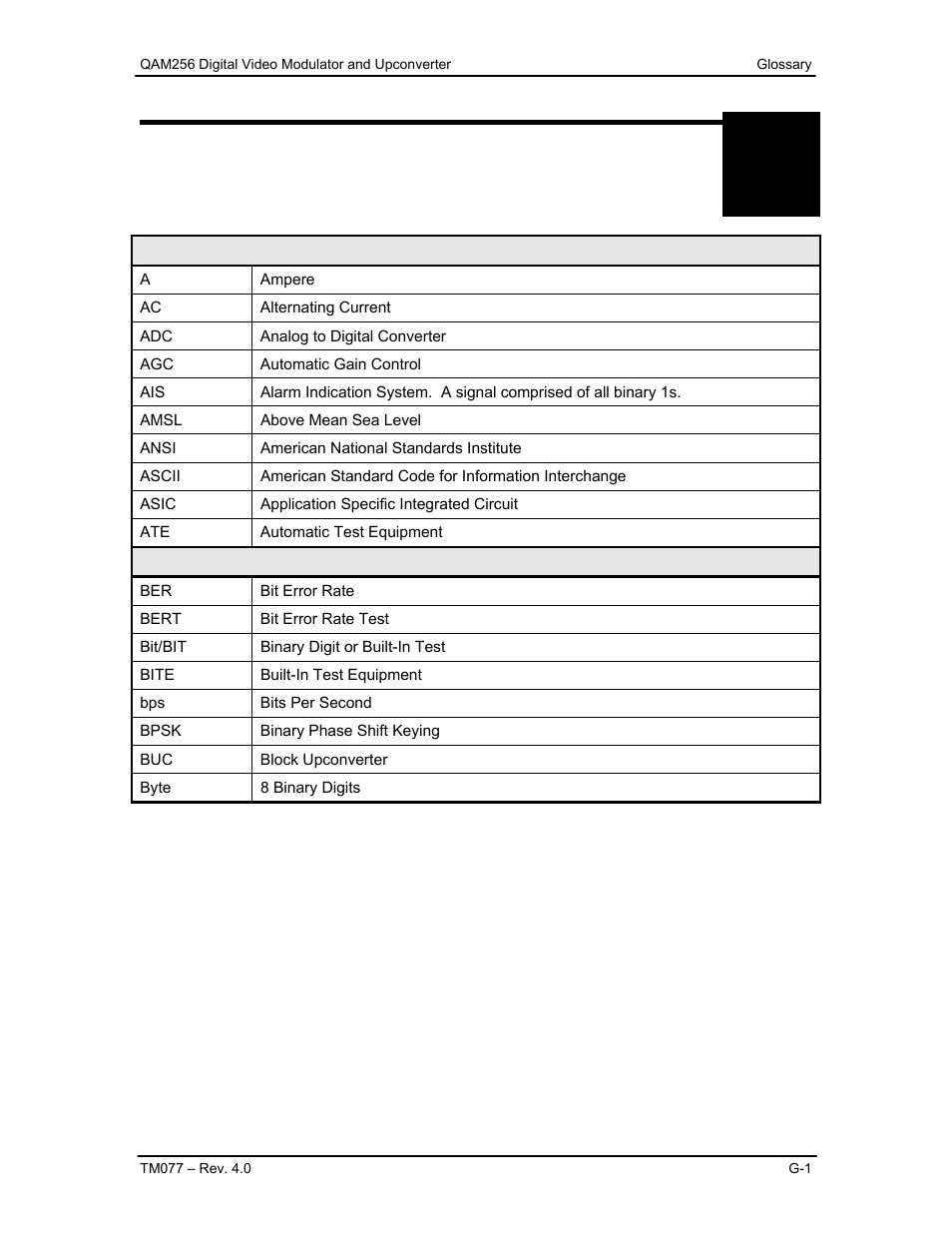 Glossary | Comtech EF Data QAM256 User Manual | Page 82 / 87