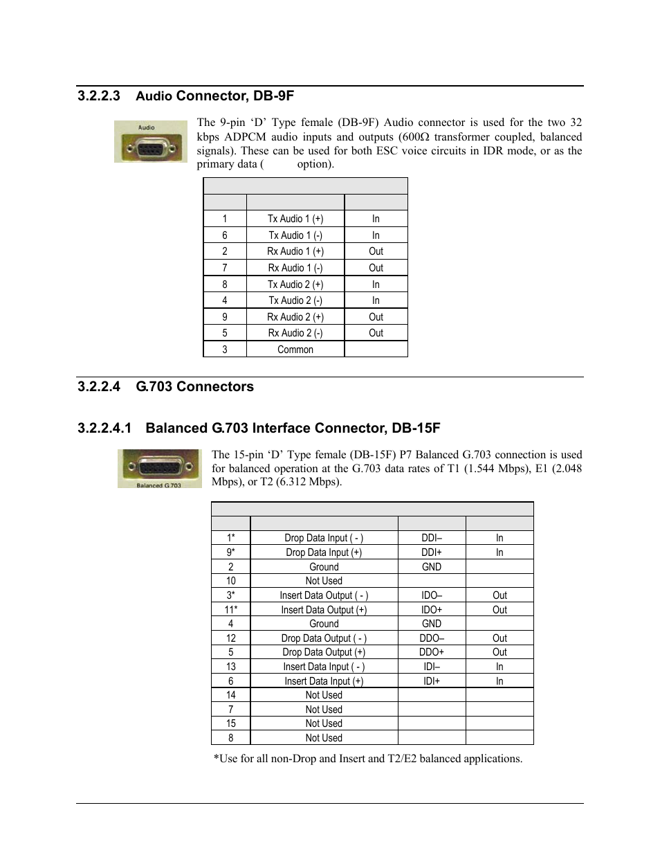 3 audio connector, db-9f, 4 g.703 connectors, 1 balanced g.703 interface connector, db-15f | Connector, db-9f | Comtech EF Data CRS-150 User Manual | Page 32 / 78