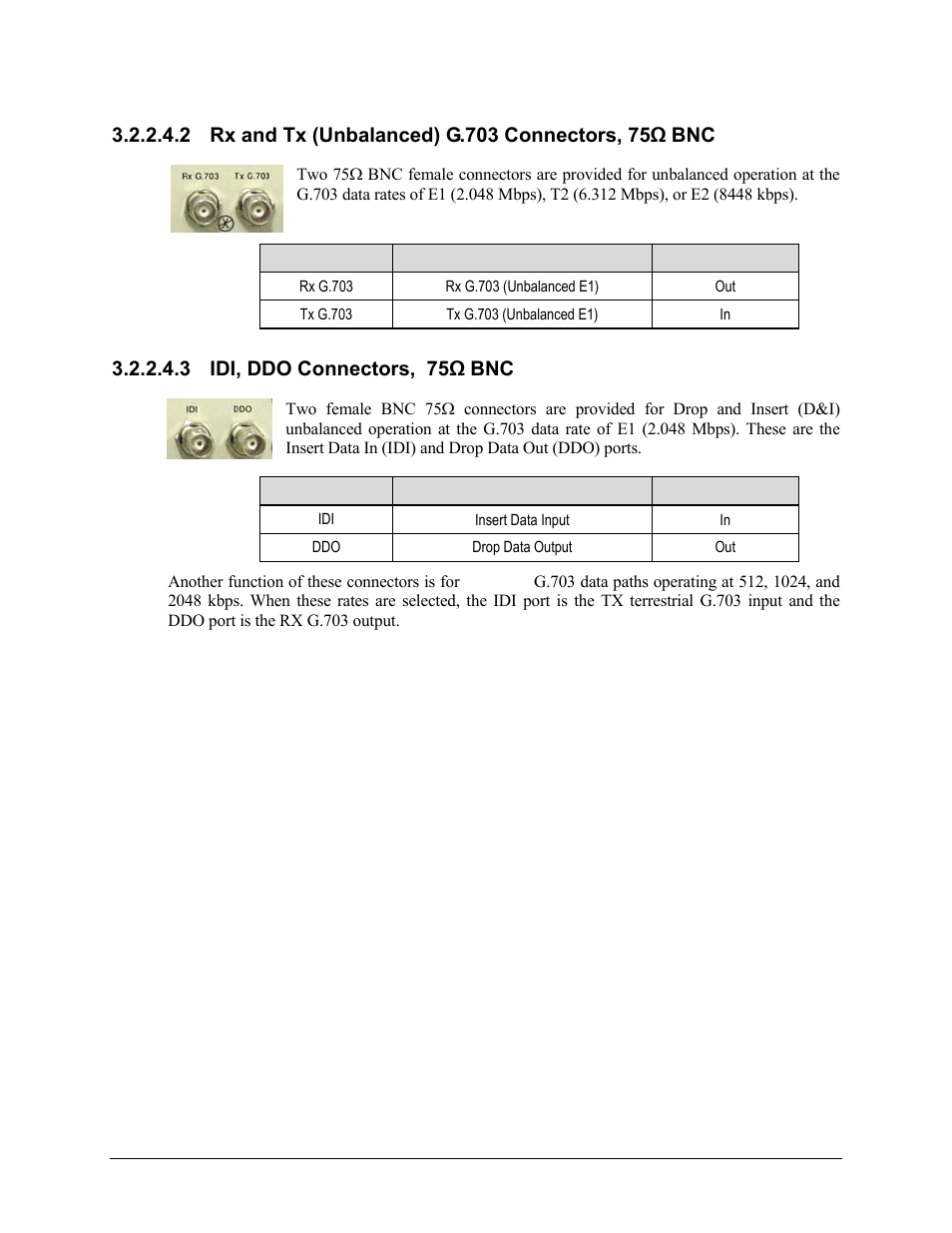 2 rx and tx (unbalanced) g.703 connectors, 75ω bnc, 3 idi, ddo connectors, 75ω bnc | Comtech EF Data CRS-150 User Manual | Page 33 / 78