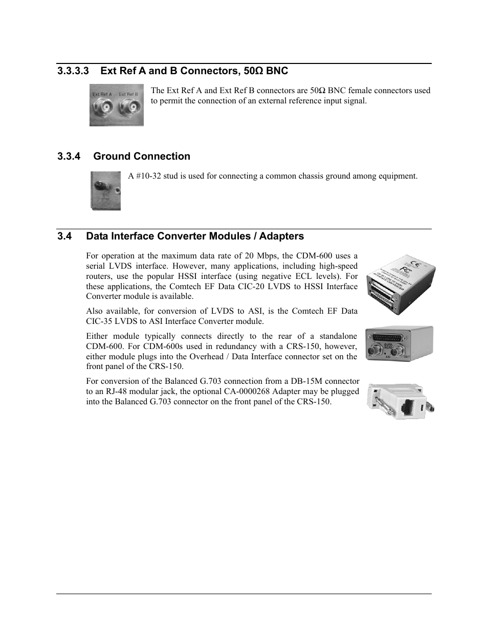 3 ext ref a and b connectors, 50ω bnc, 4 ground connection, 4 data interface converter modules / adapters | Comtech EF Data CRS-150 User Manual | Page 41 / 78