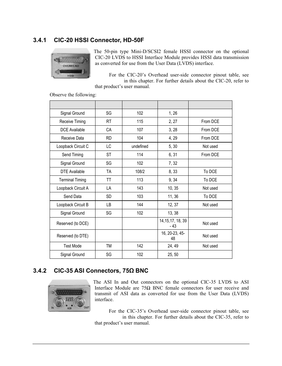 1 cic-20 hssi connector, hd-50f, 2 cic-35 asi connectors, 75ω bnc | Comtech EF Data CRS-150 User Manual | Page 42 / 78
