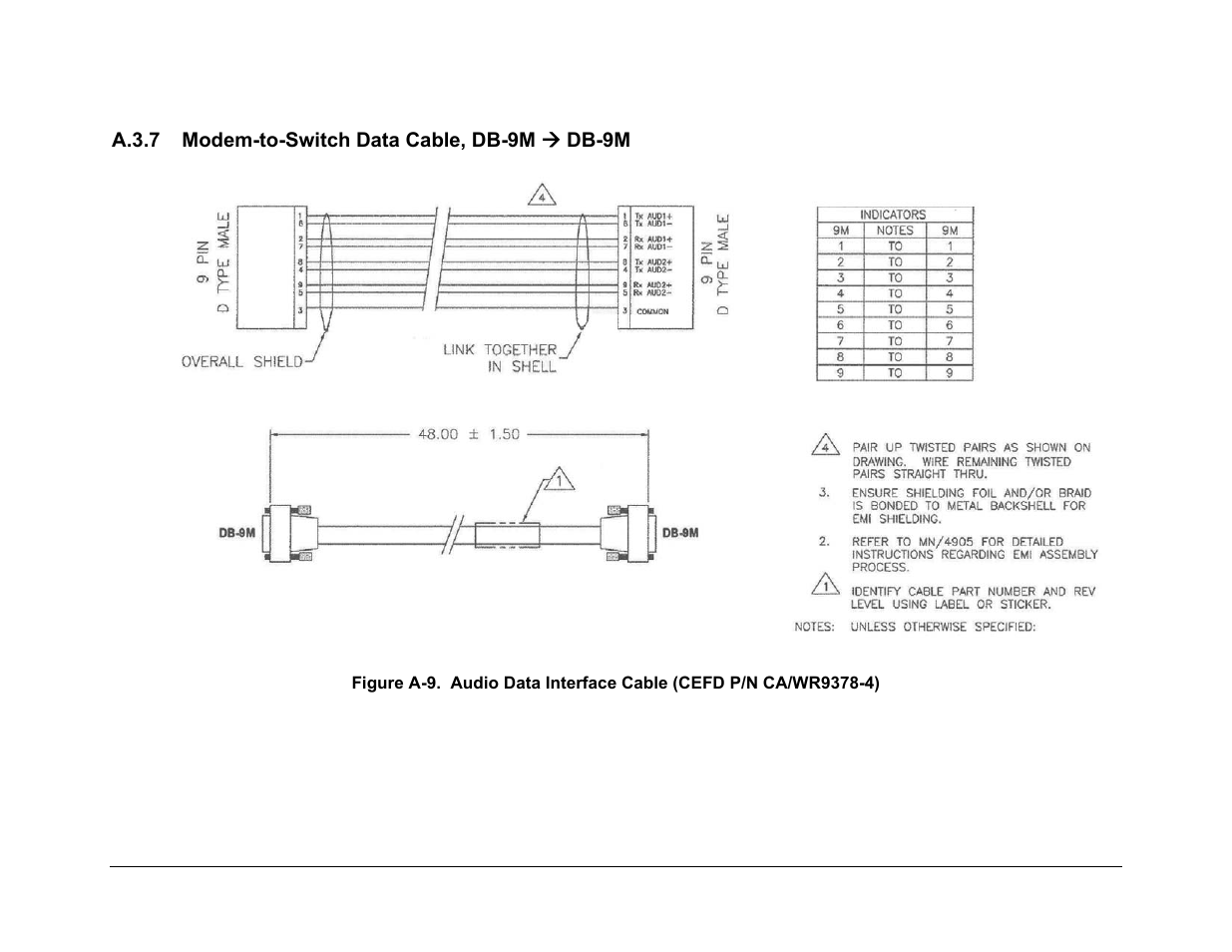 A.3.7 modem-to-switch data cable, db-9m ( db-9m, A.3.7 modem-to-switch data cable, db-9m æ db-9m | Comtech EF Data CRS-150 User Manual | Page 75 / 78