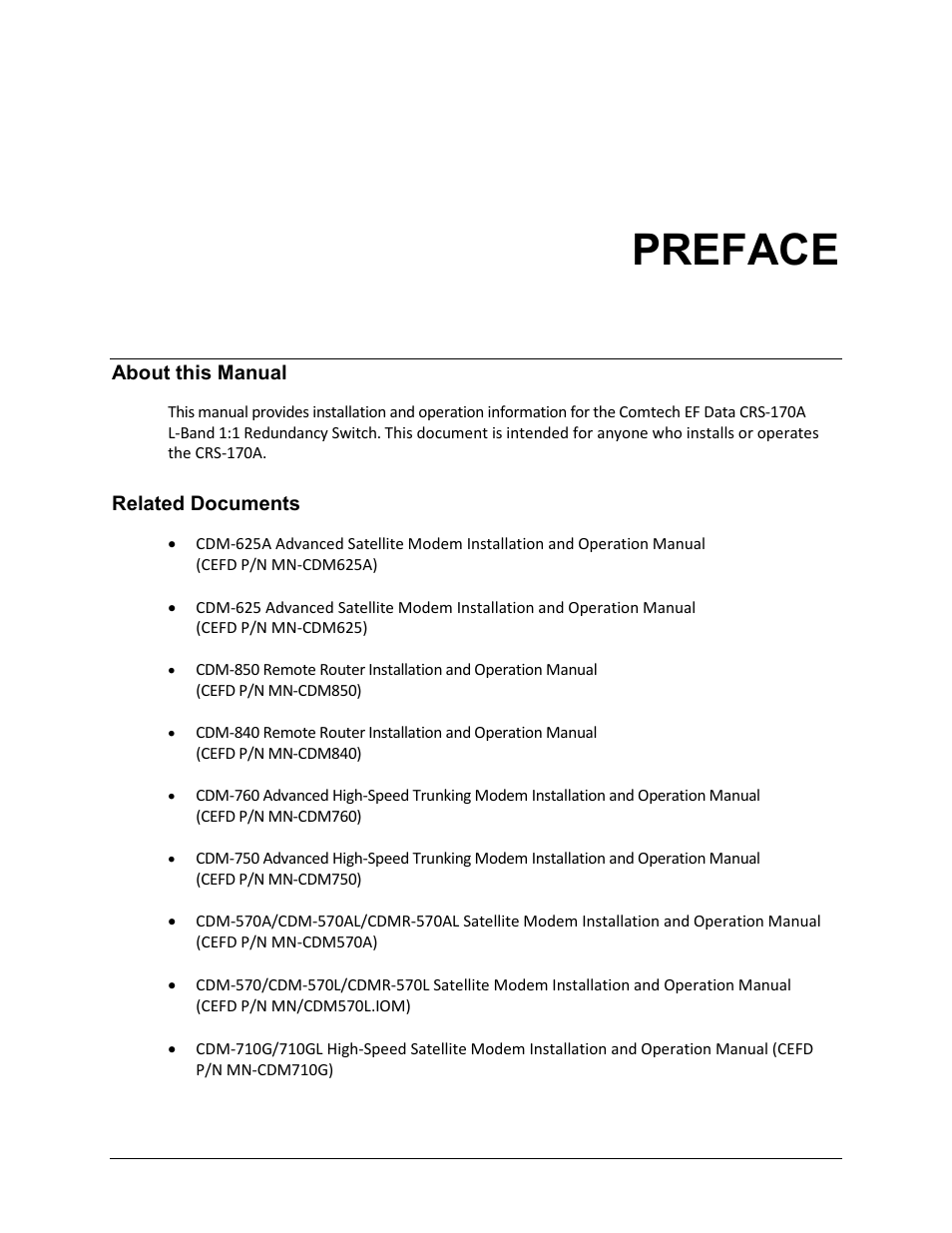 Preface, About this manual, Related documents | Comtech EF Data CRS-170A User Manual | Page 13 / 172