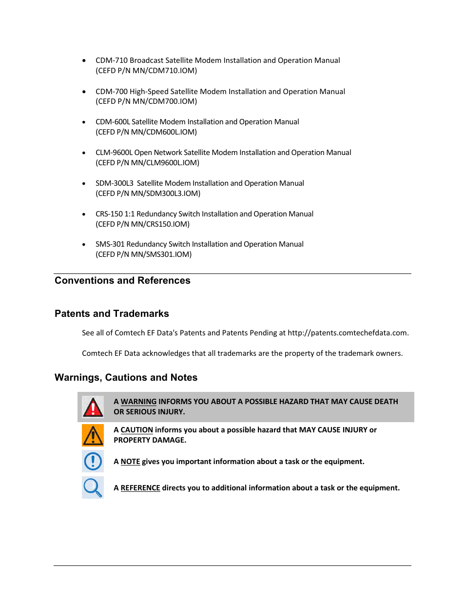 Conventions and references, Patents and trademarks, Warnings, cautions and notes | Comtech EF Data CRS-170A User Manual | Page 14 / 172