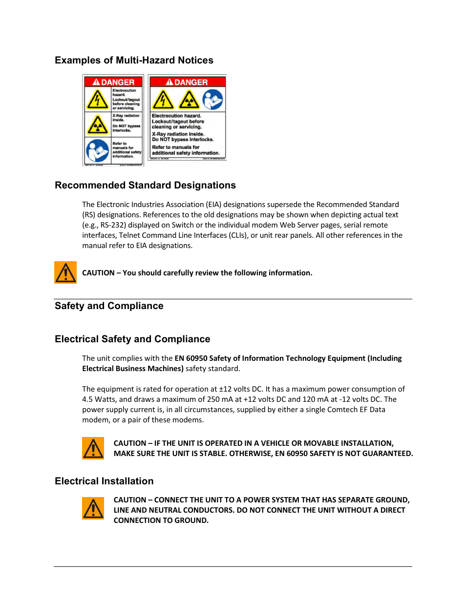 Examples of multi-hazard notices, Recommended standard designations, Safety and compliance | Electrical safety and compliance, Electrical installation | Comtech EF Data CRS-170A User Manual | Page 15 / 172
