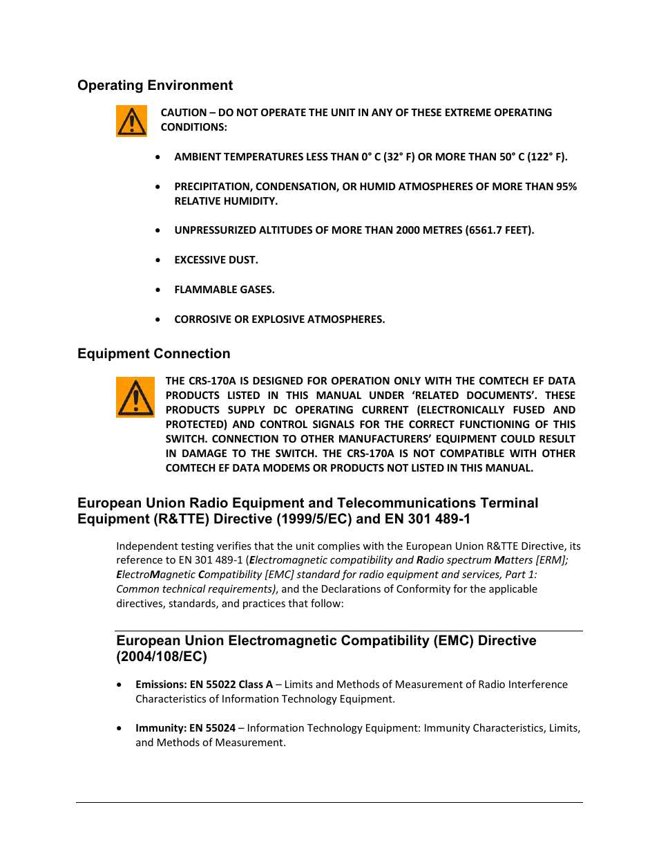 Operating environment, Equipment connection | Comtech EF Data CRS-170A User Manual | Page 16 / 172