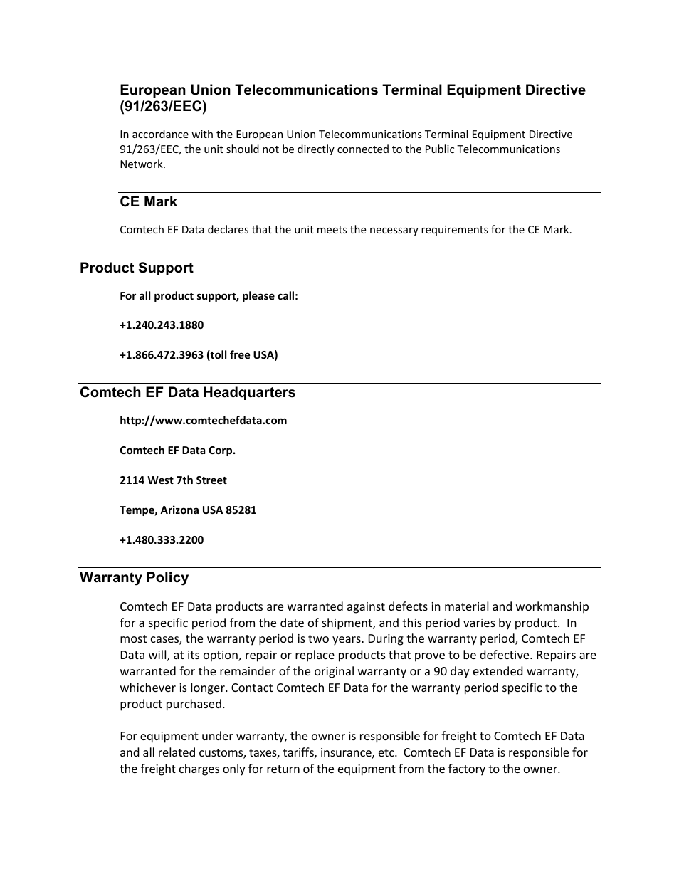 Ce mark, Product support, Comtech ef data headquarters | Warranty policy | Comtech EF Data CRS-170A User Manual | Page 18 / 172