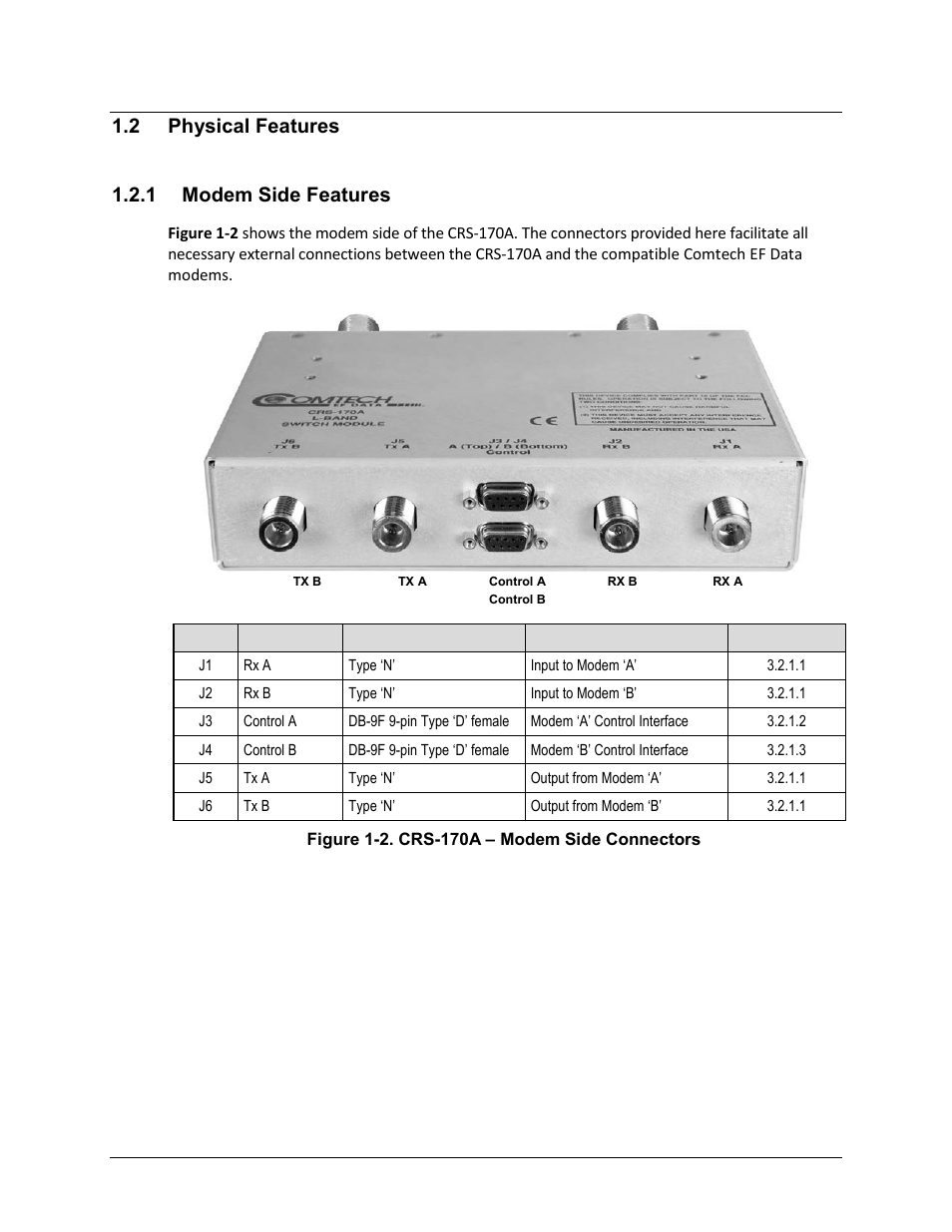 2 physical features, 1 modem side features, 2 physical features 1.2.1 modem side features | Comtech EF Data CRS-170A User Manual | Page 23 / 172